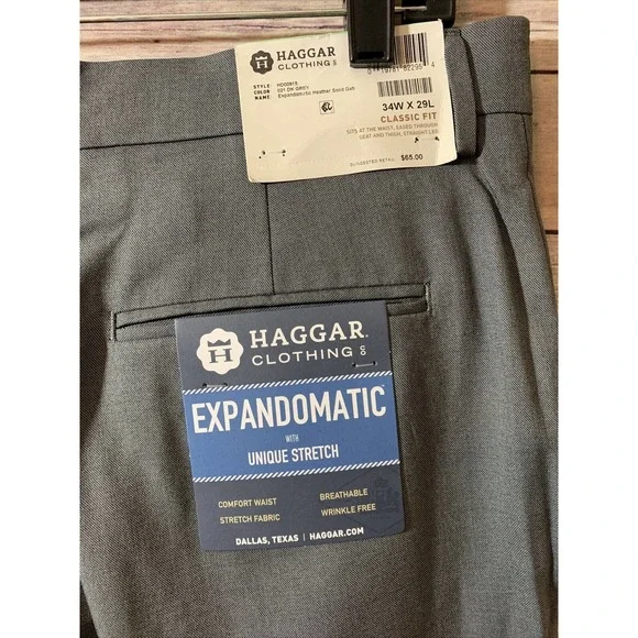 Haggar Expandomatic Stretch Classic-Fit Plain-Front Dress Pant 34 x 29 NEW Grey - Picture 3 of 7